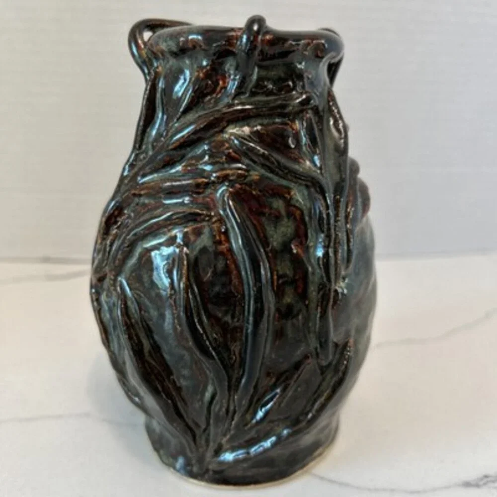 Vtg Handmade Studio Pottery Vase Brown Glaze W/ Decorative Pattern